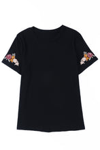 Load image into Gallery viewer, Black Floral Embroidered Round Neck Short Sleeve T Shirt