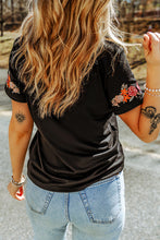 Load image into Gallery viewer, Black Floral Embroidered Round Neck Short Sleeve T Shirt