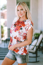 Load image into Gallery viewer, Red Floral Short Sleeve Round Neck Blouse