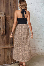 Load image into Gallery viewer, LEOPARD TULIP SLIT SKIRT CROSS HALTER NECK DRESS_CWDSD1501: KHAKI / (L) 1