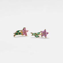 Load image into Gallery viewer, Colored Gem Flower Stud Earrings in 925 Sterling Silver: Gold/Purple