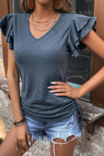 Load image into Gallery viewer, Gray Ruffle Short Sleeves V Neck Drawstring Top
