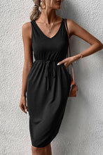 Load image into Gallery viewer, DRAWSTRING V NECK SLEEVELESS SLIM DRESS_CWDSD1570: DARKBLUE / (L) 1