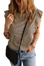 Load image into Gallery viewer, Khaki Striped Crew Neck Ruffled Tank Top