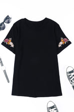 Load image into Gallery viewer, Black Floral Embroidered Round Neck Short Sleeve T Shirt
