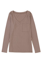 Load image into Gallery viewer, Khaki Ribbed Knit Patched Chest Pocket V Neck Top