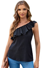 Load image into Gallery viewer, Black Ruffle One Shoulder Crinkle Tank