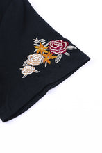 Load image into Gallery viewer, Black Floral Embroidered Round Neck Short Sleeve T Shirt