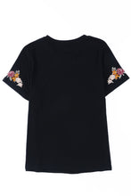 Load image into Gallery viewer, Black Floral Embroidered Round Neck Short Sleeve T Shirt
