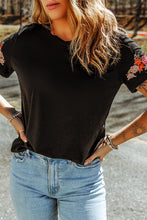 Load image into Gallery viewer, Black Floral Embroidered Round Neck Short Sleeve T Shirt