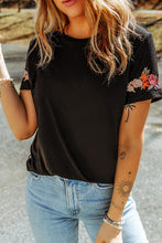 Load image into Gallery viewer, Black Floral Embroidered Round Neck Short Sleeve T Shirt