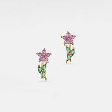 Load image into Gallery viewer, Colored Gem Flower Stud Earrings in 925 Sterling Silver: Gold/Purple
