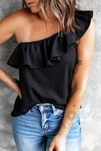 Load image into Gallery viewer, Black Ruffle One Shoulder Crinkle Tank
