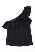 Load image into Gallery viewer, Black Ruffle One Shoulder Crinkle Tank
