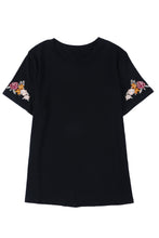 Load image into Gallery viewer, Black Floral Embroidered Round Neck Short Sleeve T Shirt
