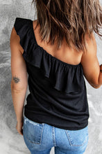 Load image into Gallery viewer, Black Ruffle One Shoulder Crinkle Tank
