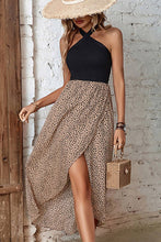 Load image into Gallery viewer, LEOPARD TULIP SLIT SKIRT CROSS HALTER NECK DRESS_CWDSD1501: KHAKI / (S) 1
