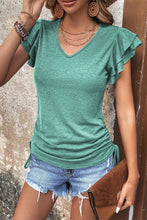 Load image into Gallery viewer, Gray Ruffle Short Sleeves V Neck Drawstring Top
