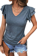 Load image into Gallery viewer, Gray Ruffle Short Sleeves V Neck Drawstring Top
