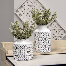 Load image into Gallery viewer, Black &amp; White Vintage Patterned Metal Vase, Short
