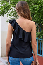 Load image into Gallery viewer, Black Ruffle One Shoulder Crinkle Tank
