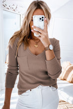 Load image into Gallery viewer, Khaki Ribbed Knit Patched Chest Pocket V Neck Top
