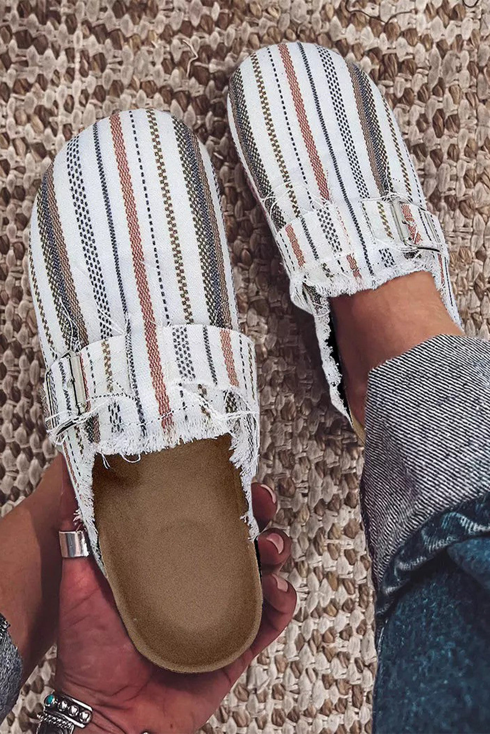 White Striped Slip-On Canvas Slippers