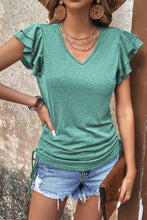 Load image into Gallery viewer, Gray Ruffle Short Sleeves V Neck Drawstring Top
