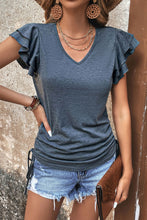 Load image into Gallery viewer, Gray Ruffle Short Sleeves V Neck Drawstring Top
