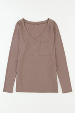 Load image into Gallery viewer, Khaki Ribbed Knit Patched Chest Pocket V Neck Top
