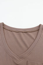 Load image into Gallery viewer, Khaki Ribbed Knit Patched Chest Pocket V Neck Top
