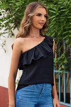 Load image into Gallery viewer, Black Ruffle One Shoulder Crinkle Tank
