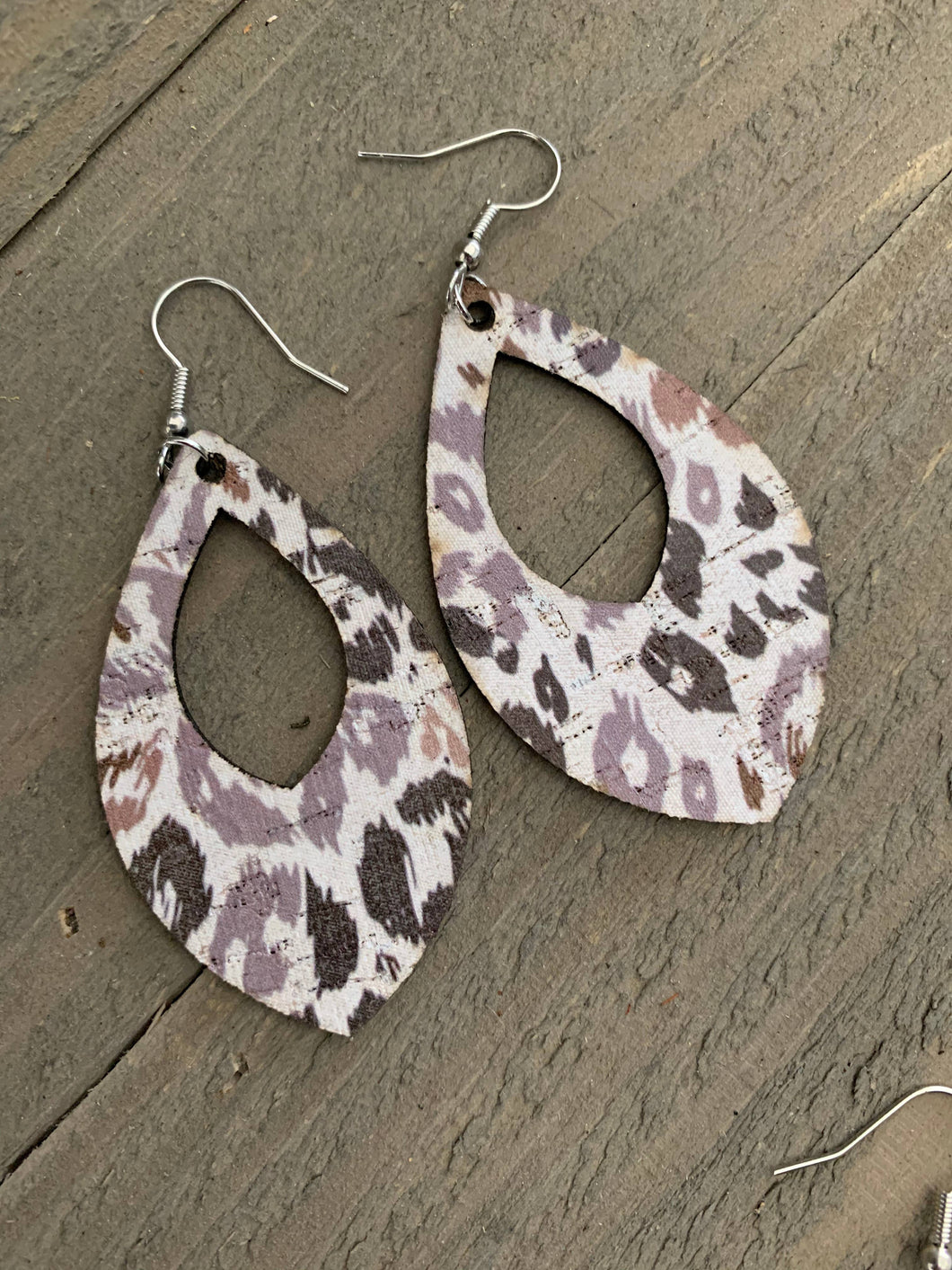 Grey and Brown Leopard Cork & Leather Teardrop Earrings