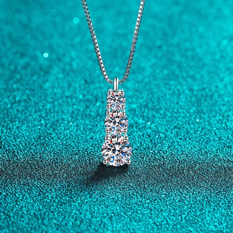 Three Stone Moissanite Charm Necklace in 925 Sterling Silver