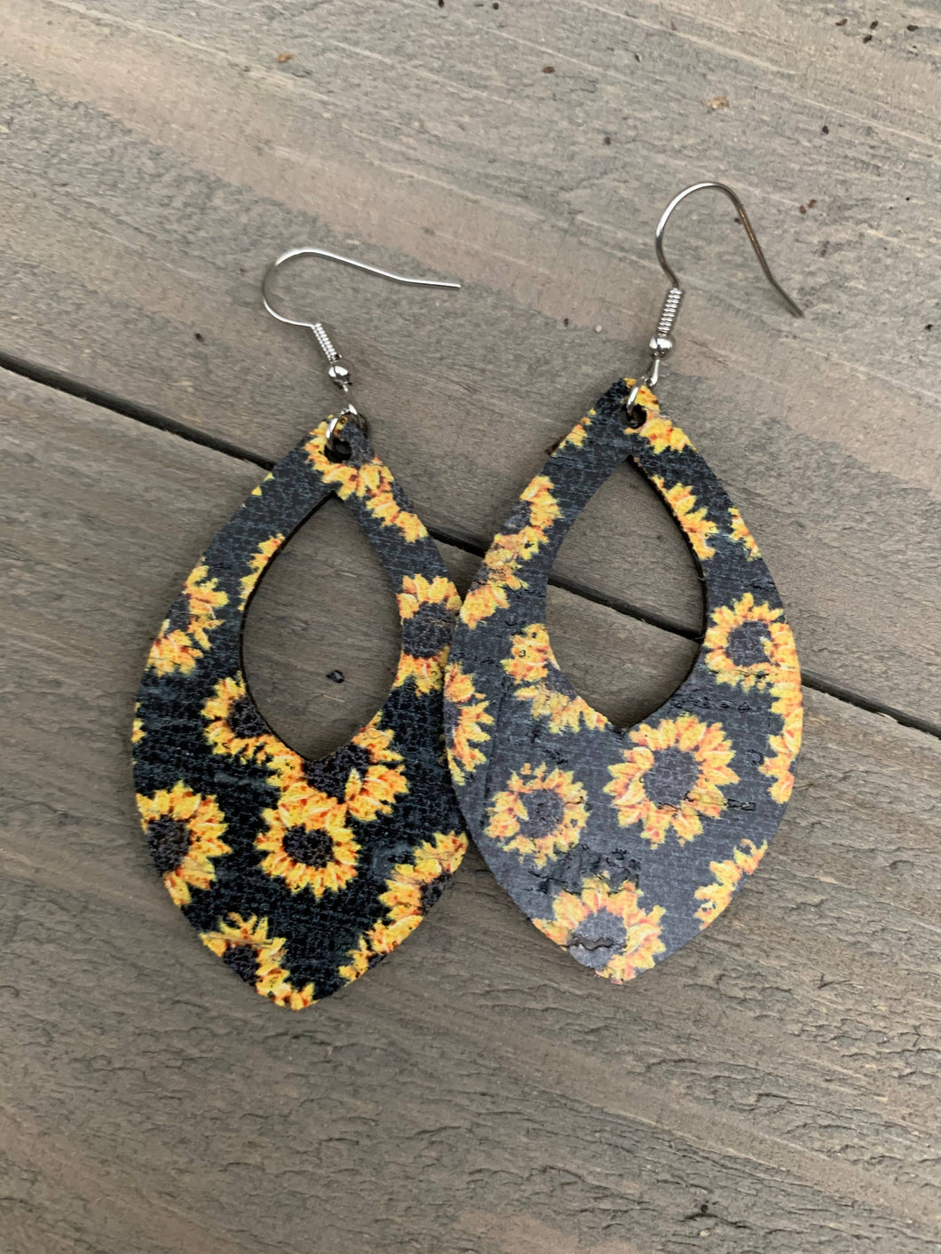 Black Sunflower Cork and Leather Teardrop Earrings