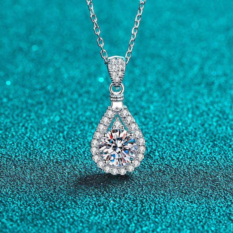 Teardrop Moissanite Pendant Necklace in 925 Sterling Silver: 1.0 ct