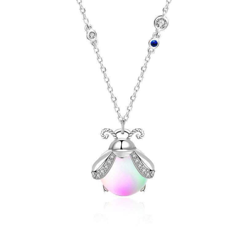 Cute Firefly Bug Charm Necklace in 925 Sterling Silver: Silver/White