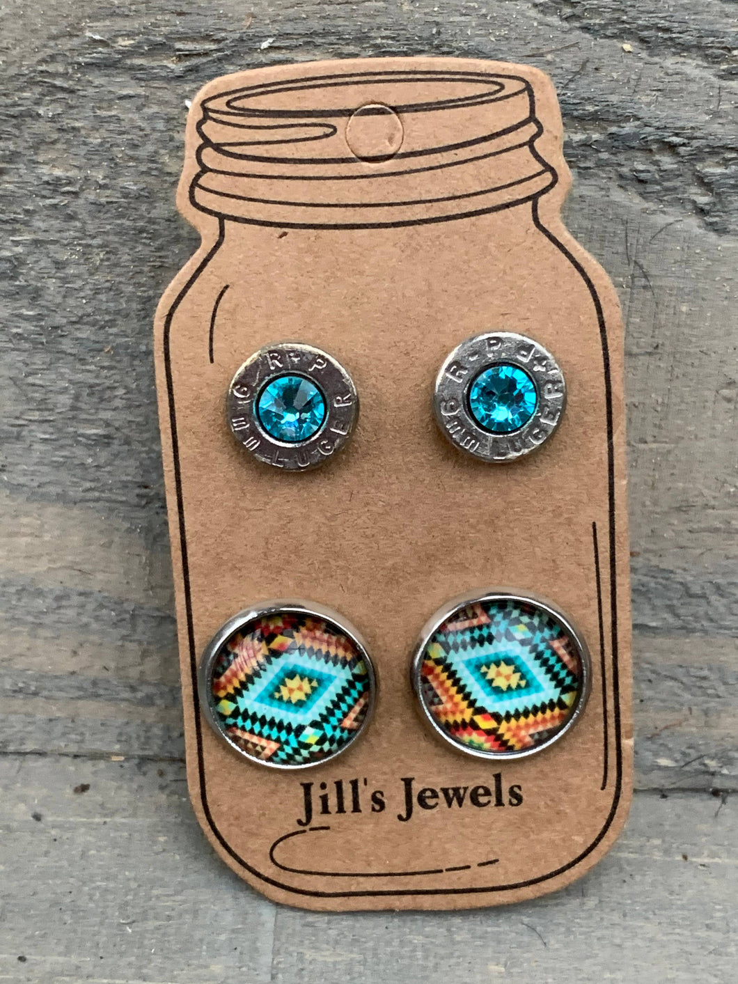 Turquoise Aztec 9mm Bullet Earring Set