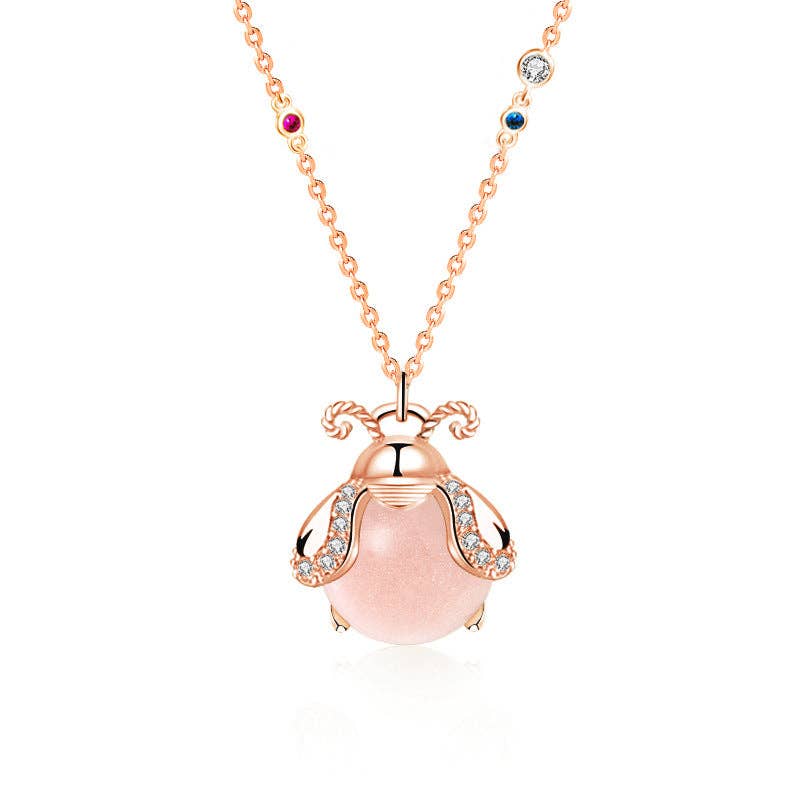 Cute Firefly Bug Charm Necklace in 925 Sterling Silver: Rose Gold/Pink