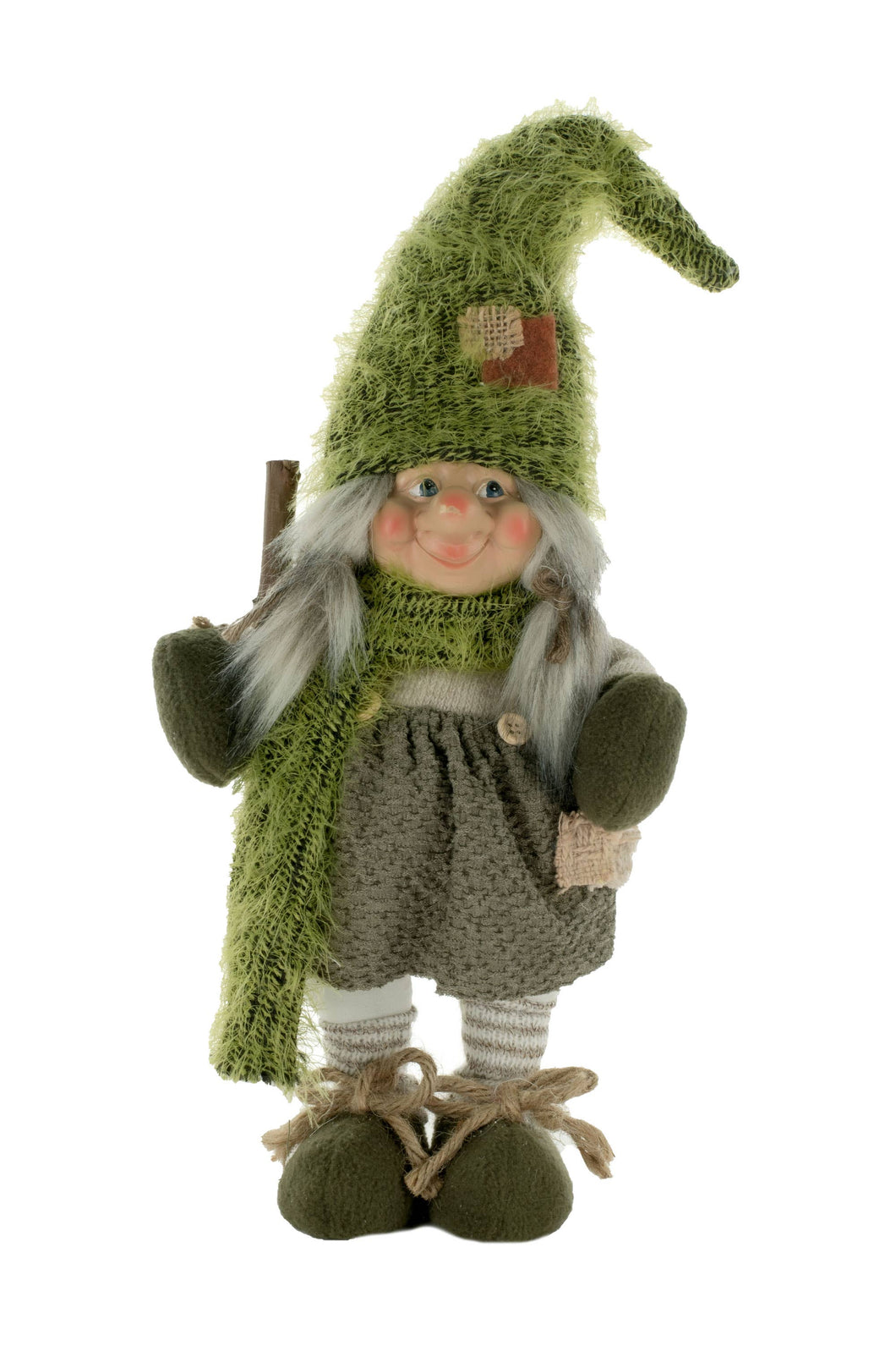 11.5'' Green Fabric Smiling Forest Gnome with Walking Stick