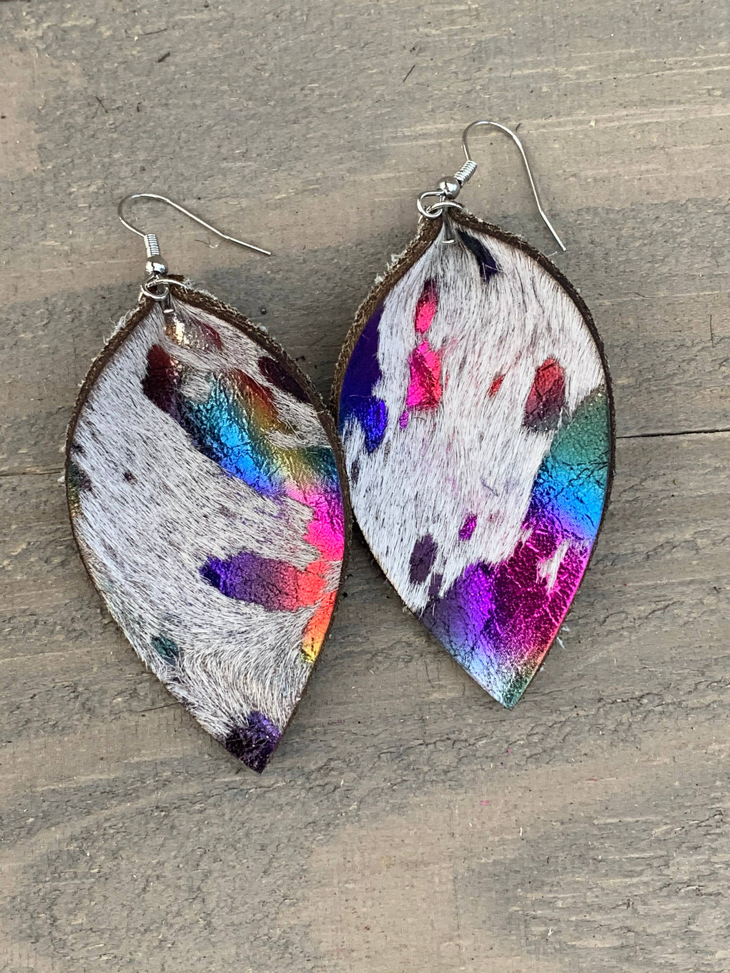 White Rainbow Acid Wash Hair On Leather Earrings